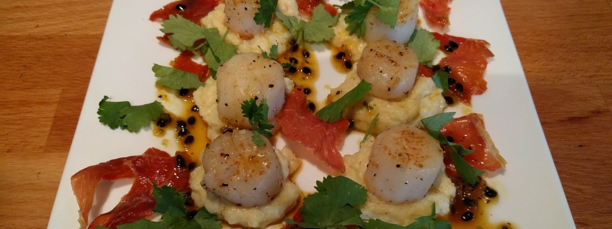 SallyK’s Grilled Scallops with Cauliflower Puree and Spicy Passion Fruit Reduction